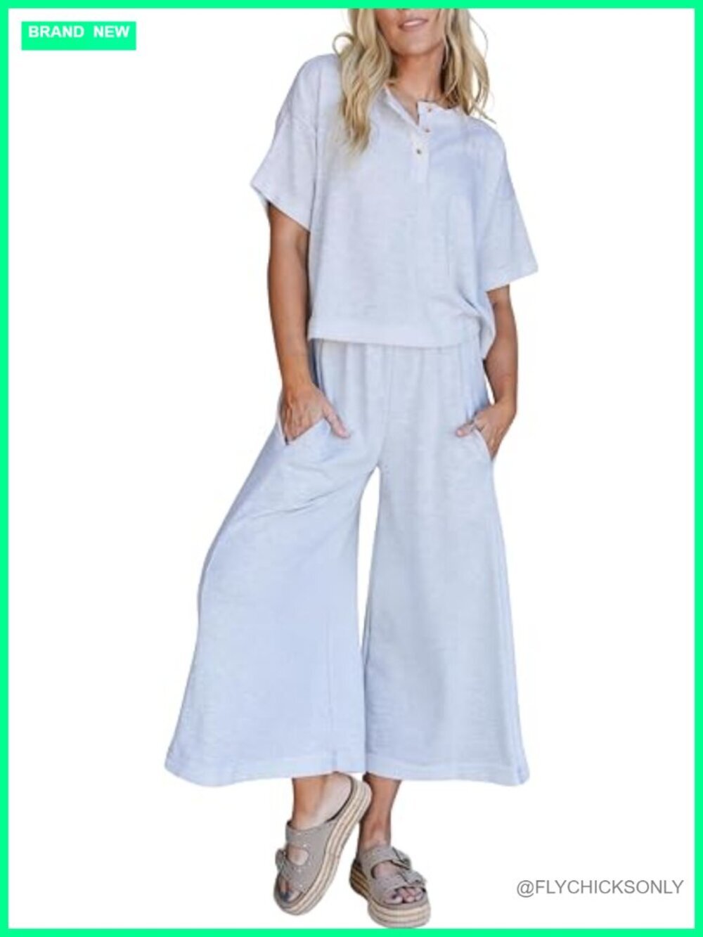 Women's 2 Piece Lounge Set Henley Neck Top Wide Leg Pants Tracksuit